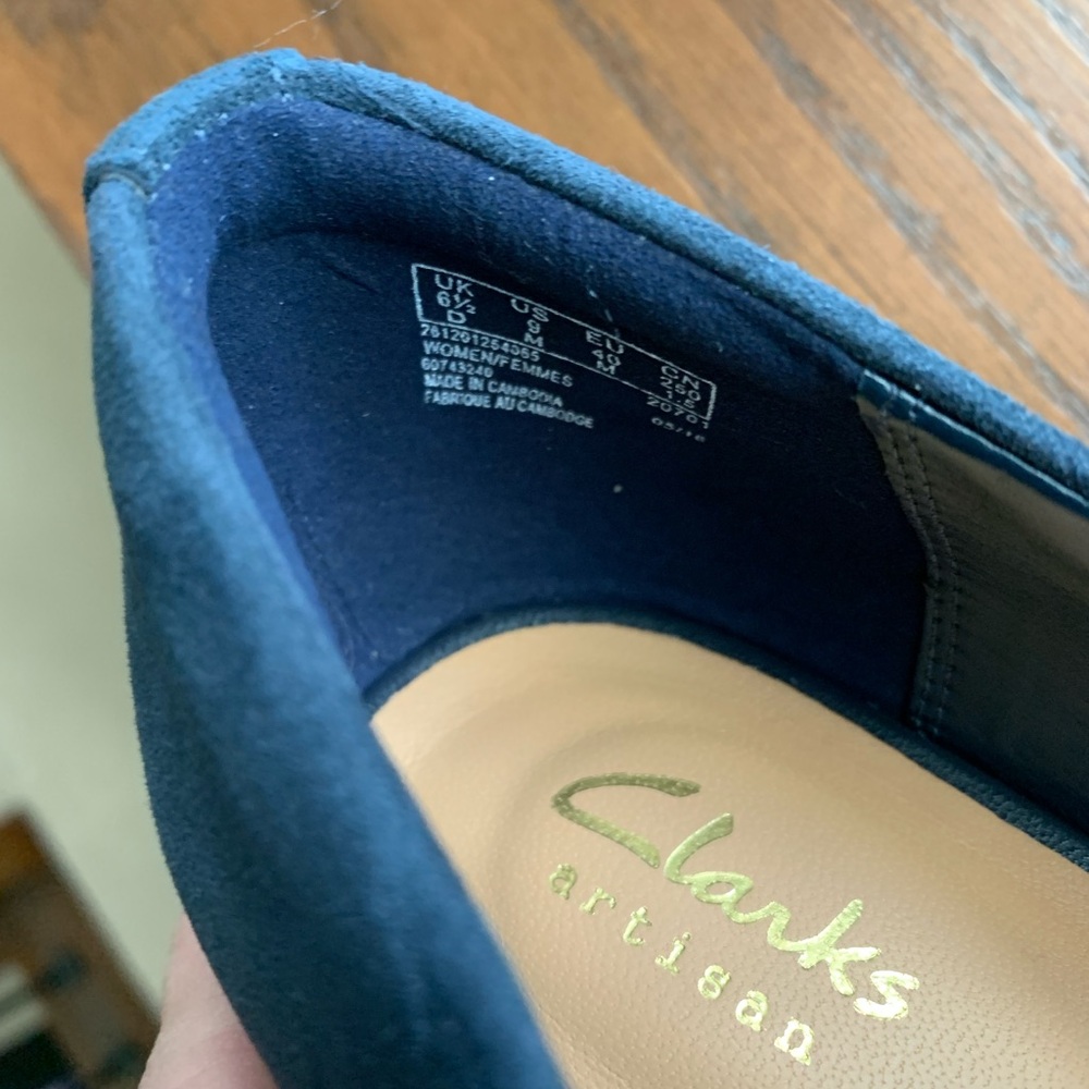 NWOT Clarks Artisan “Vendra Bloom” Navy Blue Suede Wedges, 9 - Picture 4 of 5